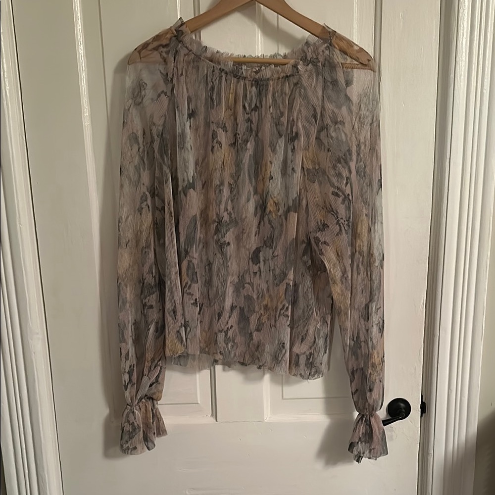 Anthropologie Floral Sheer Blouse - Cream and Gray